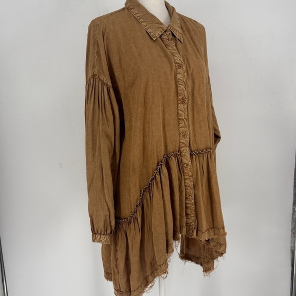 Tru Luxe Women's Washed Button-Up Peplum Top Boho Layered Look size L